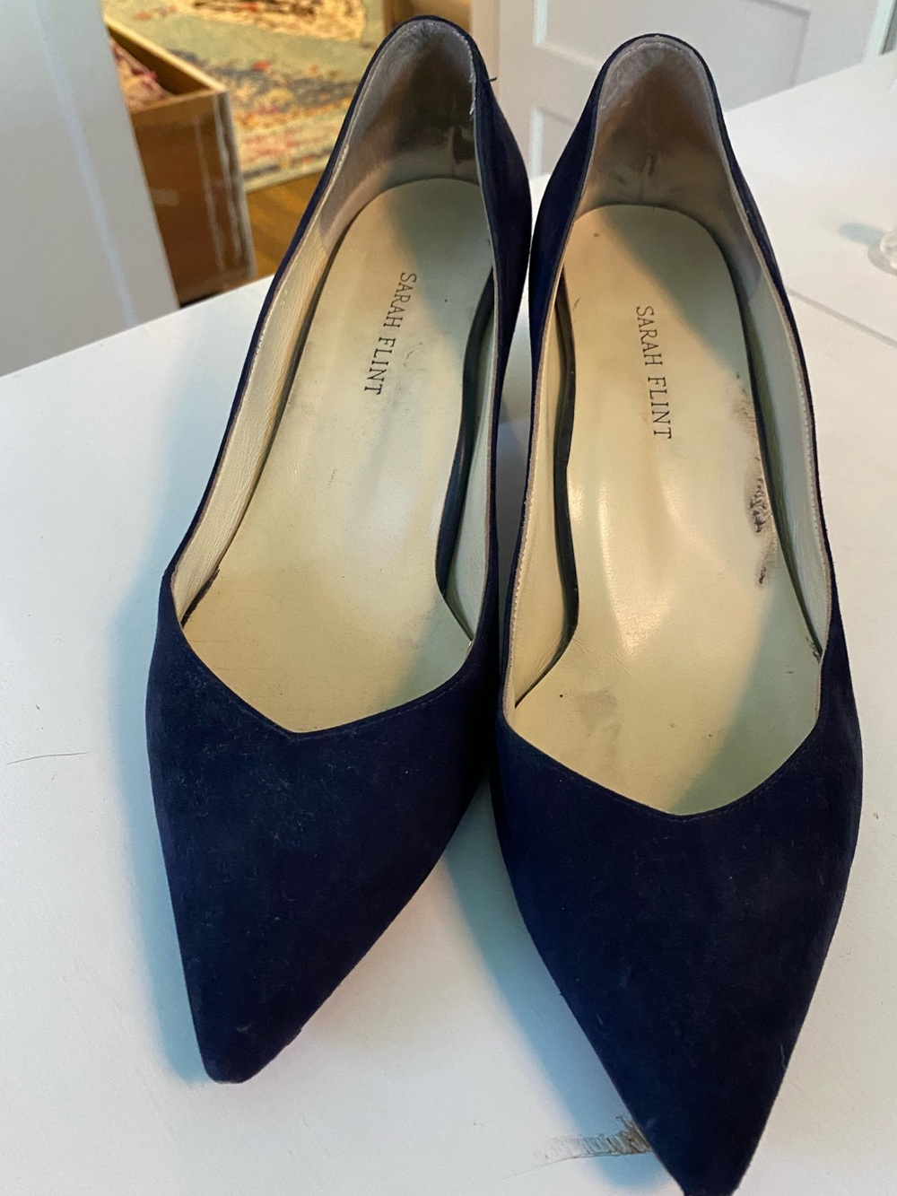 Sarah Flint Navy Suede Pointed-Toe Pumps